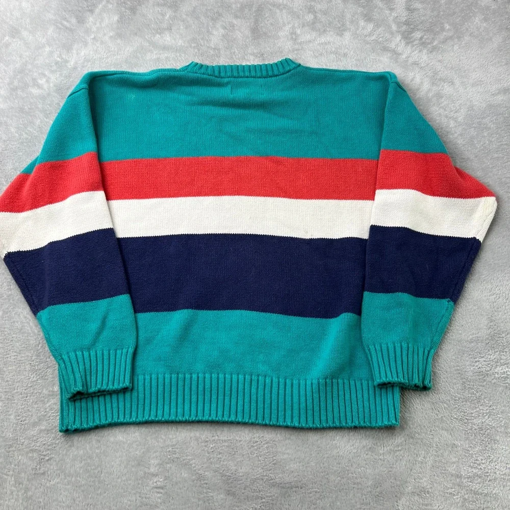 Eddie Bauer Vtg Striped Cotton Sweater L Teal Red Men 90s Gorpcore Color Block - Picture 8 of 11